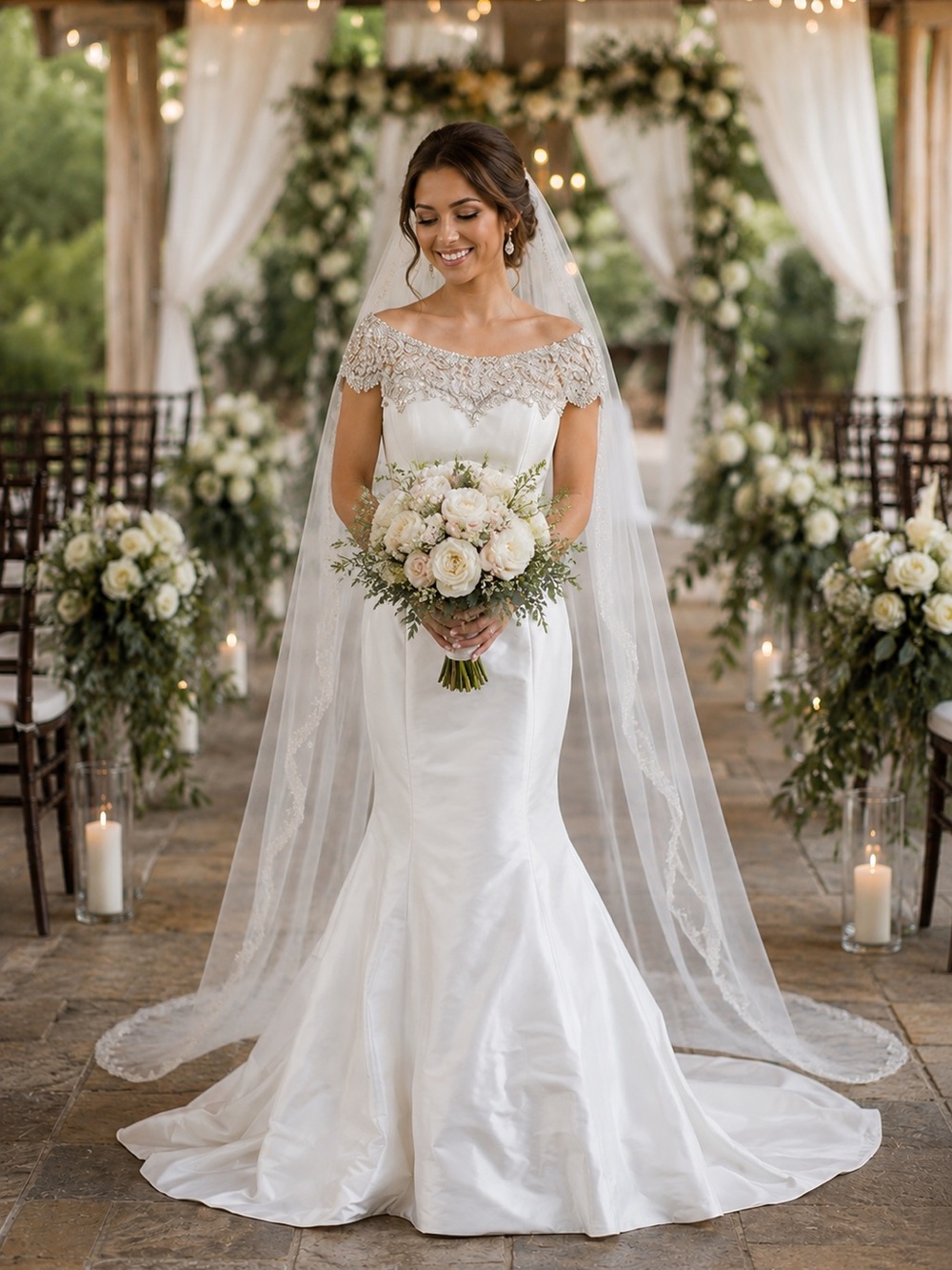 SIGNATURE JUSTIN ALEXANDER Off White Silk Rhinestone Trumpet Wedding Dress 10
